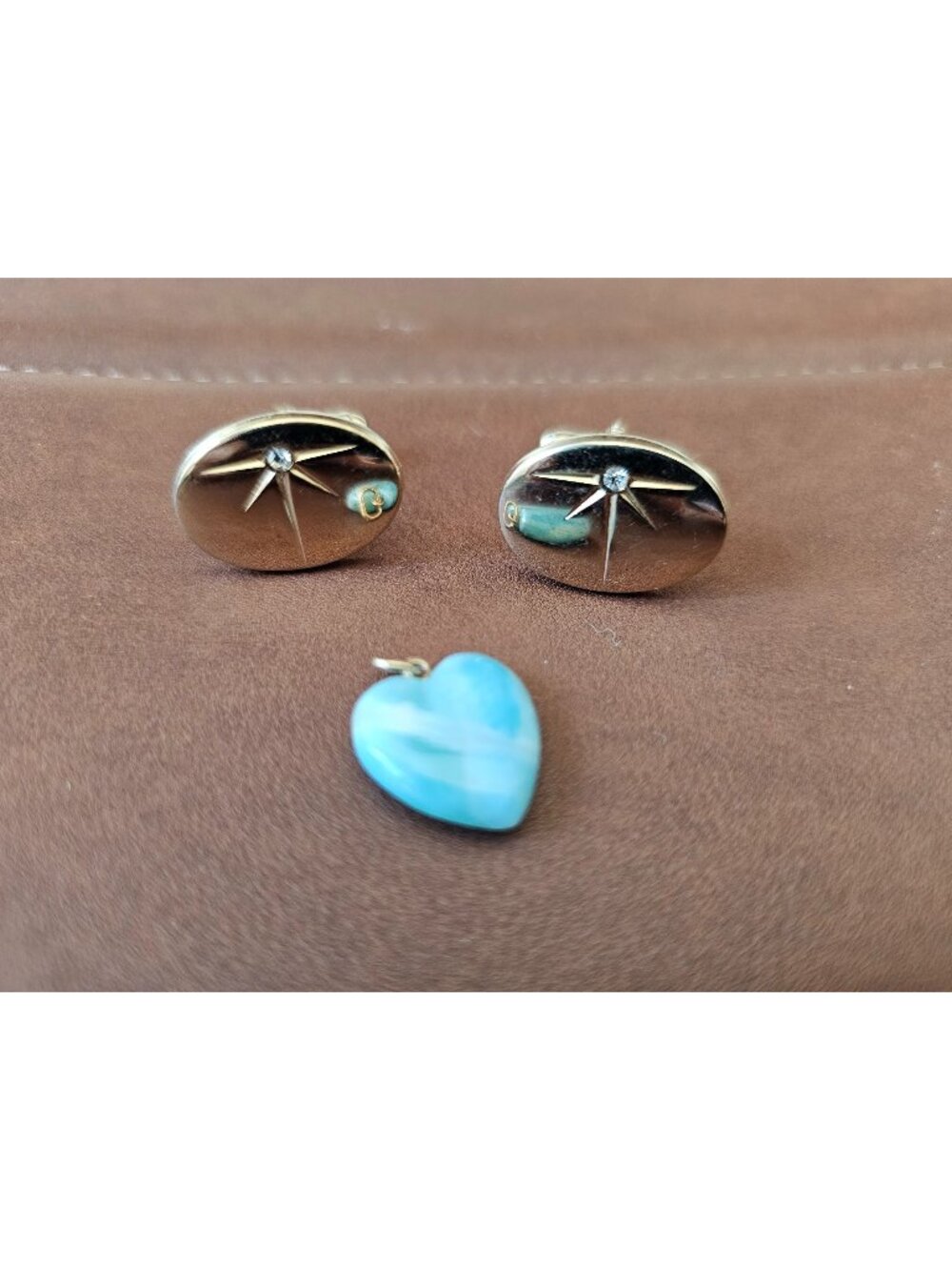 Vintage Gold Cufflinks With Starburst Design & Rhinestone Accent + Blue Larimar